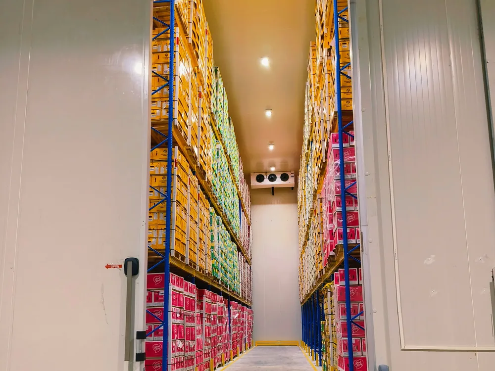 Racked pallets of fruit inside a temperature-controlled room